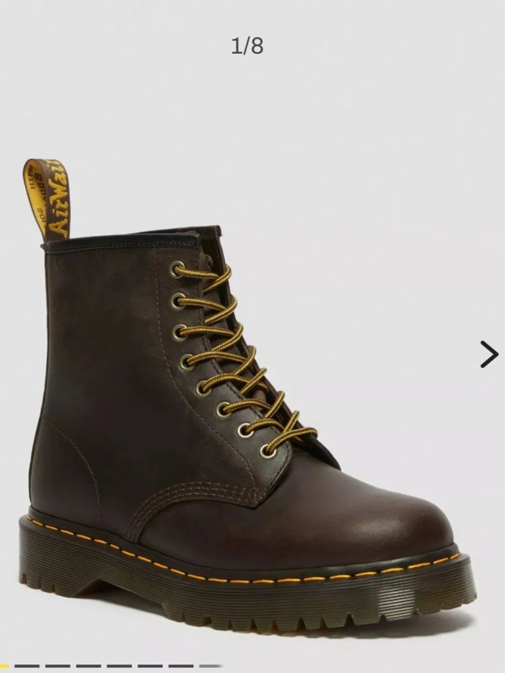 Dr. Martens Dark Brown Leather 8-Eye Lace-Up Boot with Yellow Stitching UNISEX